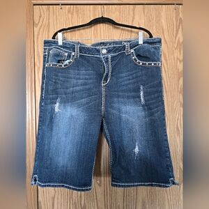 Grace In LA rhinestone And Stud Distressed Bermuda Blue Denim Shorts